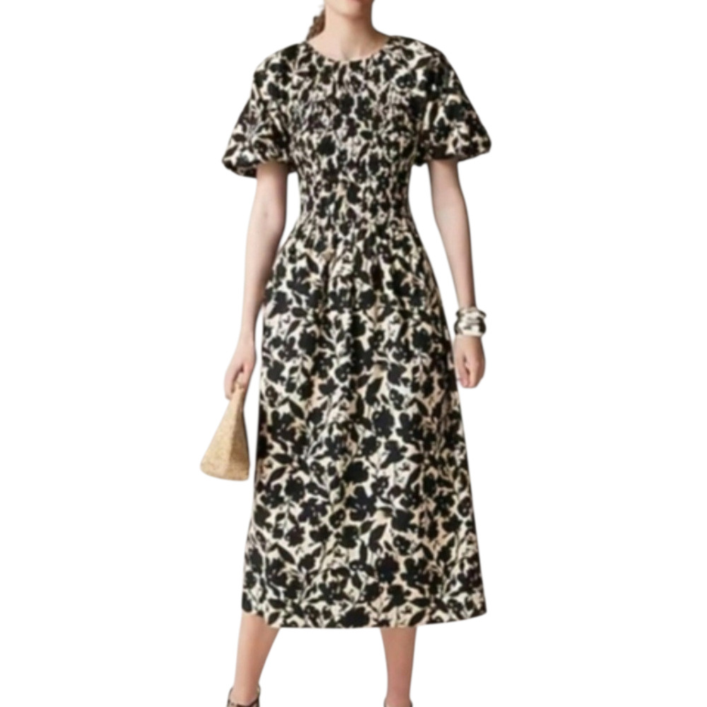J Crew Meadow Midi Dress Cotton Floral Black Tan Smock Puff Sleeve Small Tall